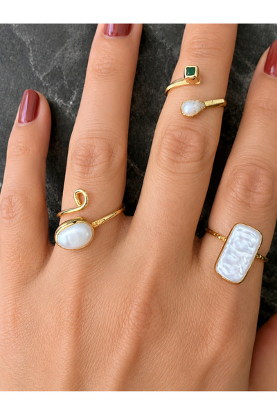 tones official Vintage/Bohemian/Minimal 3-Piece Ring Set with Real Water Pearl