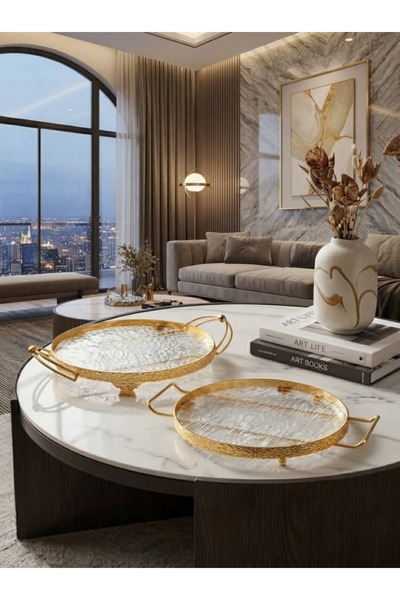 Generic Brand طقم صواني تقديم فاخرة بأطار ذهبي معدني وقاعدة أكريليك بتصميم أنيق