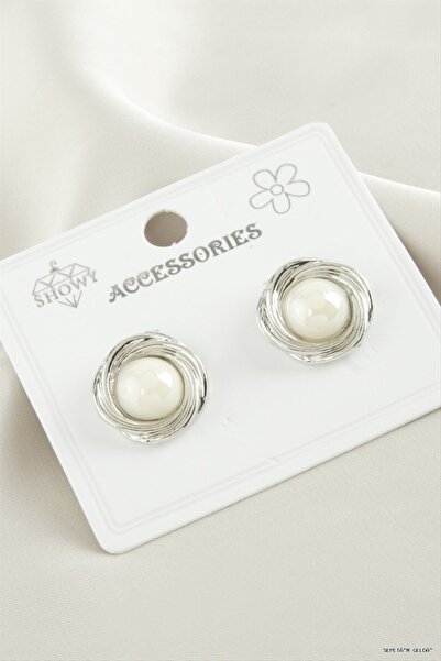 ZERO LAND Spt-Gld Twisted Metal Pearl Earrings (232726) Silver Color