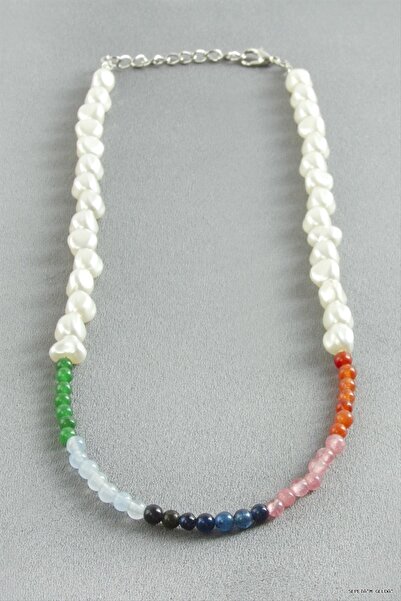 ZERO LAND Spt-Gld Colorful Natural Stone Pearl (225206) Necklace White