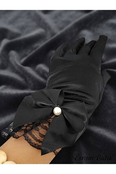 Esram Butik Black Tailed Satin Bow, Beaded and Lace Women's Gloves, Wedding E...