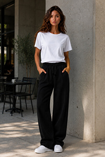 Denvy Denim Kadın Siyah Kot Keten Yüksek Bel Lastikli Wide Leg Jean Pantolon
