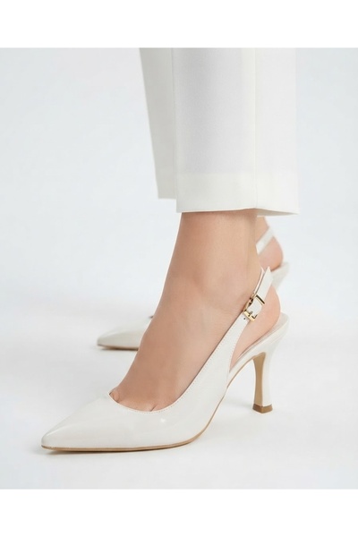 LIVONIA SHOES حذاء نسائي بيج ريفي ذو مقدمة مدببة ومشبك وظهر مفتوح وكعب رفيع 8...