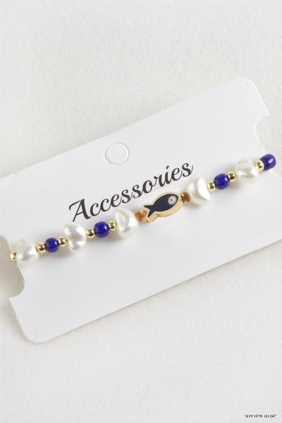 ZERO LAND Spt-Gld Fish Pearl Beads Macrame Cord (234216) Bracelet Blue