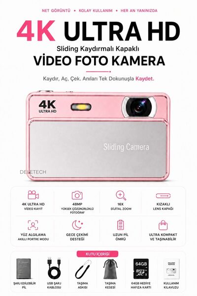 Deletech 4K Sliding Kamera Dijital Fotoğraf Makinesi | Kızaklı Lens Kapaklı | 48MP | 16X Zoom | 64GB SD Kart Hediyeli - PEMBE
