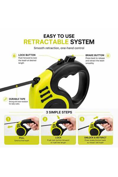ASMXX Lesă retractabilă pentru câini, 5 m, 16.5 ft, tensiune maximă 33 lbs, mâner ergonomic, sistem de blocare, carabină metalică, negru-galben