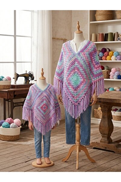 eL&Ma Design El Örgüsü Otanik Etnik Renkli Anne & Kız Panço (1 TK)