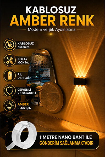 TENK Piİli Led Aplik Çift Yön Aydınlatma Amber Renk Kablosuz Dekoratif ve Şık