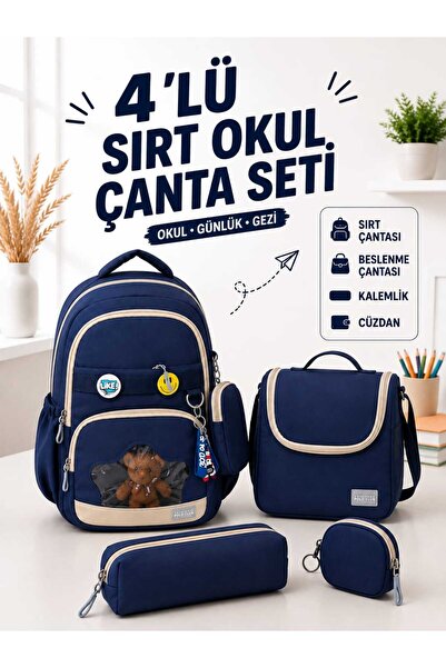 a v d a 4'lü Lacivert İlkokul Ortaokul Sırt Çantası Seti Sırt Çantası Beslenm...
