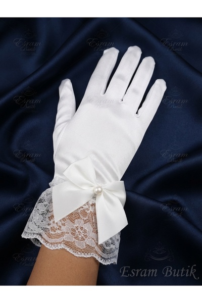 Esram Butik White Tail Satin Bow, Beaded and Lace Women's Gloves, Wedding Eng...