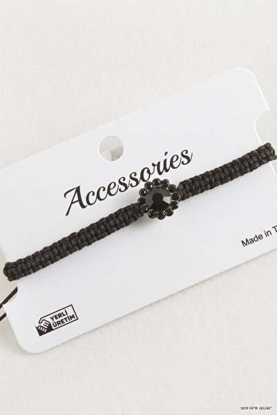 ZERO LAND Spt-Gld Flower Stone Macrame Braided (225307) Bracelet Black