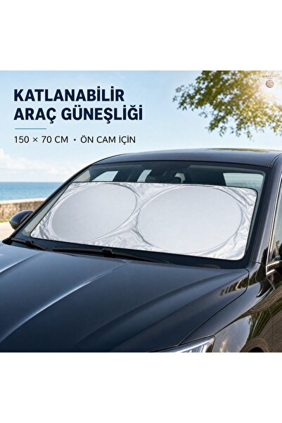 Katlanabilir Araç Ön Cam Güneşliği (150x70 cm) Gümüş Yansıtıcı UV Korumalı Torpido ve Direksiyon Koruyucu Oto Güneşlik
