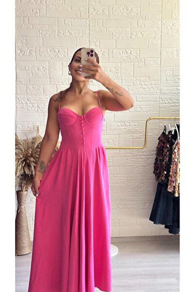 Derya Akyol Pembe Korse Formlu Bustiyerli Modal Maxi Elbise - Sırtı Gipeli Dö...