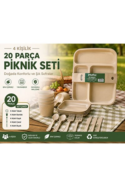 Mutfac 4 Kişilik 20 Parça Karavan ve Piknik Yemek Seti (Bölmeli Tabak, Bardak...