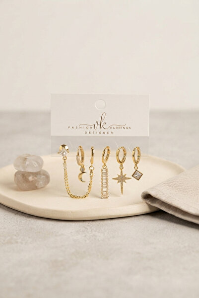 Mega Bazaar Gold Color Brass Zircon Stone Pole Star Detailed 6-Piece Earring ...