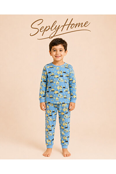 SeplyHome Erkek Çocuk İş Makineli Uzun Kollu Pijama Takımı | Pamuklu Erkek Ço...