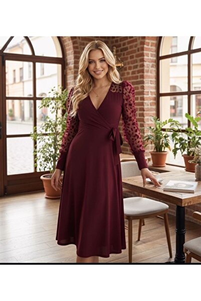 tülaybutik فستان نسائي بأكمام من التول وحزام وياقة بأزرار على الجهتين