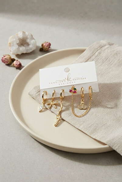 Mega Bazaar Gold Color Brass Zircon Stone Cherry Detailed 6-Piece Earring Set...