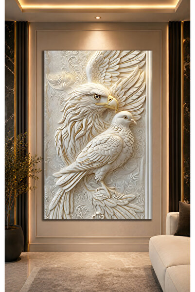 Evnora Home Decor Kartal ve Güvercin Cam Tablo | Beyaz ve Altın Renkli 3D Hay...