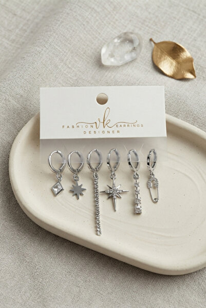 Mega Bazaar Silver Color Brass Zircon Stone Detailed 6-Piece Earring Set Comb...