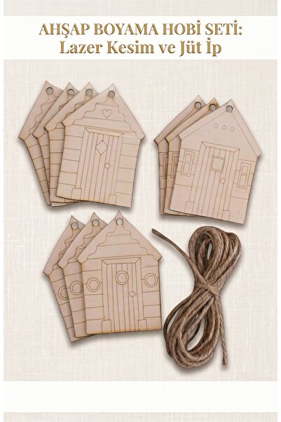 GÜL MZC 10'lu Ham Ahşap Boyama Objesi Plaj Evi Figürü 3mm MDF Hobi Süsleme Seti