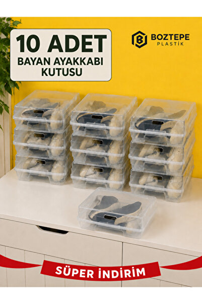 BOZTEPE PLASTİK 10’lu Şeffaf Kadın Ayakkabı Saklama Kutusu – Hava Delikli, Is...