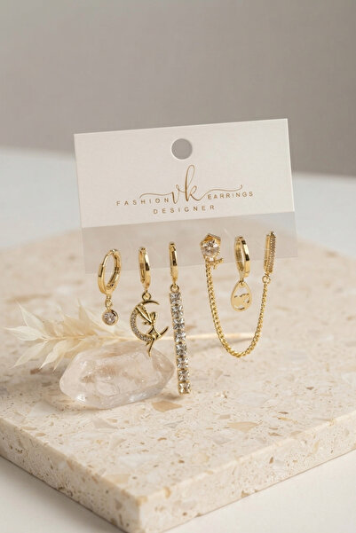 Mega Bazaar Gold Color Brass Zircon Stone 6-Piece Earring Set Combination
