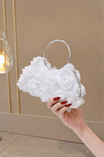 Famels 3d Güllü Ay kasa Yeni Model Abiye Çanta Kulp ve Zincirli Gümüş Kasa