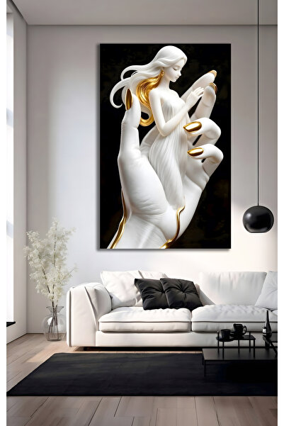 Evnora Home Decor Beyaz Melek Cam Tablo | Altın Detaylı Kadın Figürü | Modern...