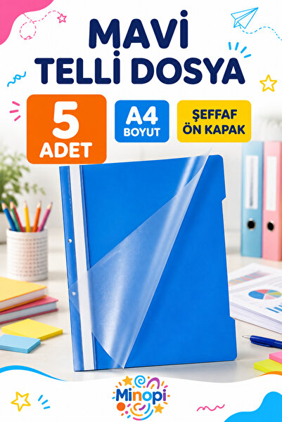 Minopi 5 Adet Mavi Telli Dosya A4 Evrak Dosyası Plastik Şeffaf Kapaklı Okul O...