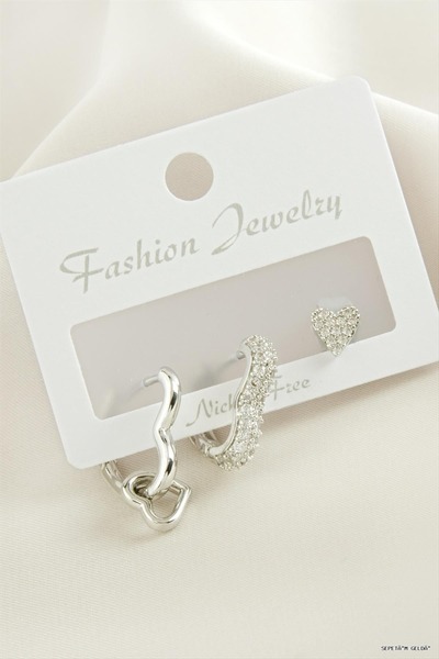 ZERO LAND Spt-Gld 3 Pieces Heart Zircon Stone Earrings (04608) Silver Color