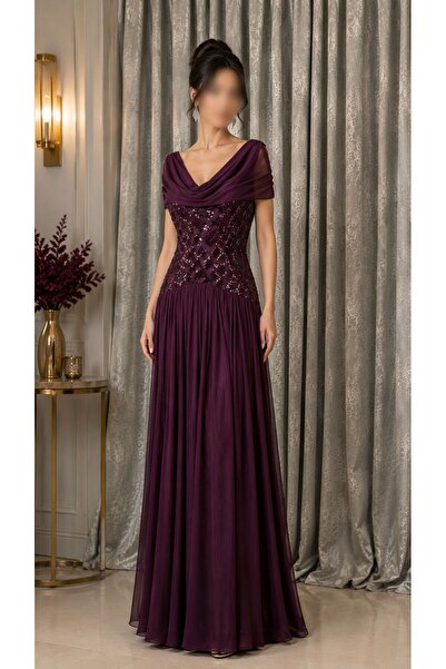 ELORA FASHION Burgundy Embroidered Evening Dress with Drop Shoulders