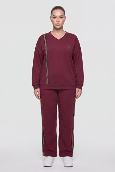 EXİTLİNE Women's Burgundy Winter V-Neck Stripe and Stone Detailed Accessory T...