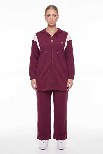 EXİTLİNE Women's Burgundy Seasonal Hooded Tracksuit Set with Shoulder Detail ...