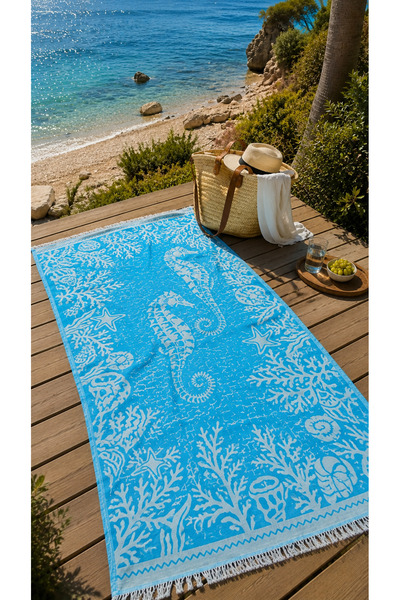 TaraAura 100% Cotton Natural Peshtemal |   Soft Textured |   Fast Drying |   Blue Sea Horse