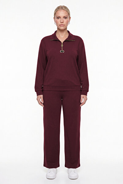 EXİTLİNE Women's Burgundy Seasonal Accessory Detailed Half-Zipper Tracksuit Set