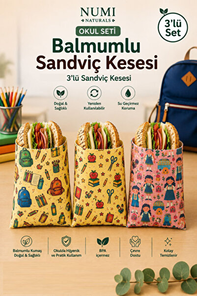 NUMI Naturals Balmumlu Sandviç Keseleri – Yeniden Kullanılabilir, Doğal Kumaş...