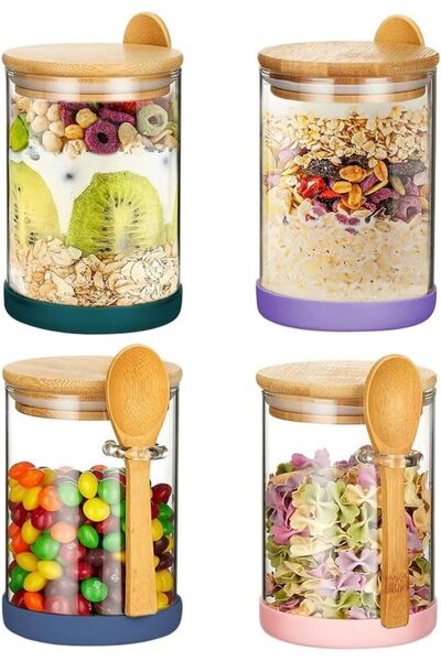 HASTHIP Hasthib 450ml Glass Mason Jar with Wooden Lid and Spoon Borosilicate ...