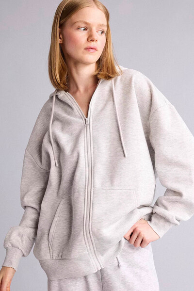 DeFacto Cotton Oversize Hooded Gray Women's Cardigan V4233Az/Gr256