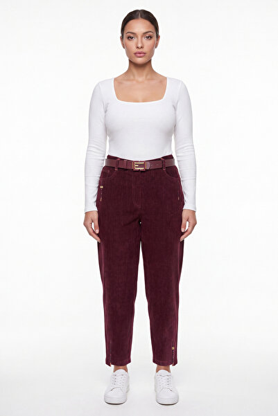 EXİTLİNE Women's Burgundy Winter High Waist Belted Accessory-Studded Trousers