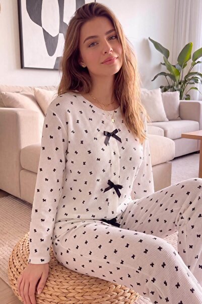 Pijamaevi White Ribando Patterned Waffle Soft Long Sleeve Women's Pajama Set