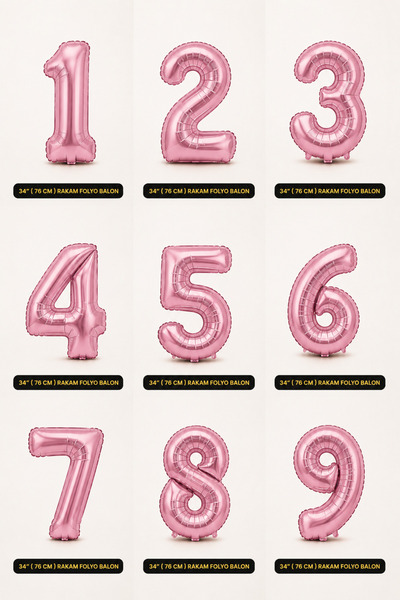 BalonArt Pembe Rakam Folyo Balon 34 İnç 76 Cm Büyük Boy 1-9 Sayı Balonu Doğum...