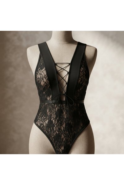 Lamis Nawar Code 690 Lace-Up Plunging V-Neck Floral Lace Bodysuit Lingerie