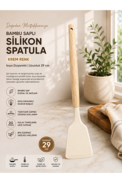 Bambu Saplı Silikon Mutfak Gereçleri 29 Cm – Servis Kepçesi, Spatula, Kevgir ve Silikon Kaşık – Isıya Dayanıklı