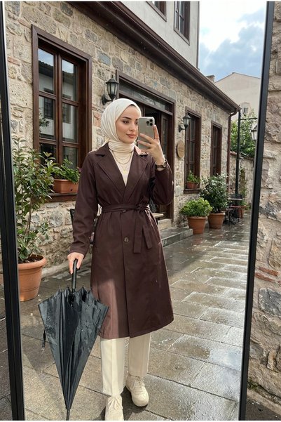 Kirazca Butik معطف نسائي مقاوم للماء مع حزام، معطف طويل للمحجبات، معطف واق من المطر موسمي