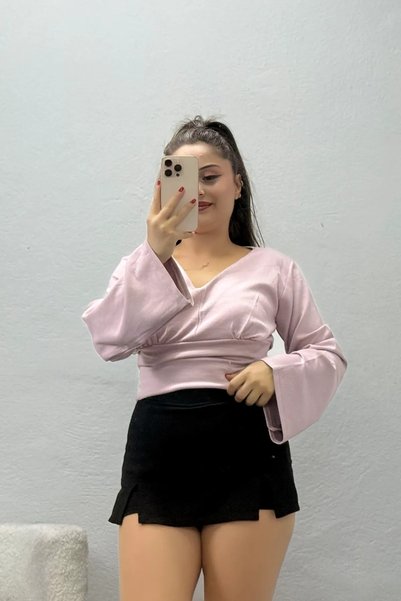 BELENDİR Women's Waist-Slit Kimono Sleeve Modal Blouse Pink