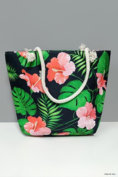 ZERO LAND Zngzrmll Leaf Floral Pattern Beach (32414) Tote Bag Green