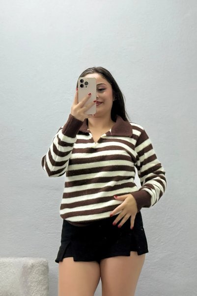 BELENDİR Women's Polo Collar Striped Knitwear Sweater Brown Beige