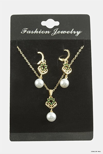 ZERO LAND Zngzrmll Heart Pearl Zircon Stone Set (31219) Necklace Green