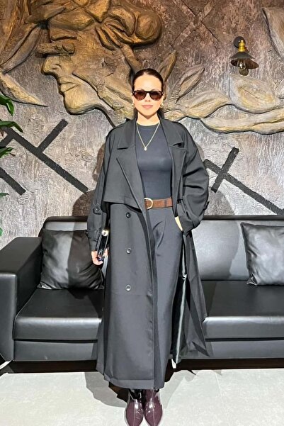 sunfyre Women's Oversized Trench Coat with Long Shoulder Pads and Waist Belt ...
